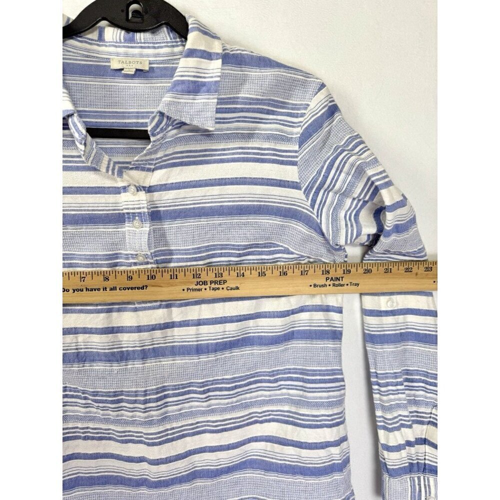 Talbots Roll Tab Sleeve Top Womens Small Blue White Stripe Collared Cotton EUC - Picture 7 of 8